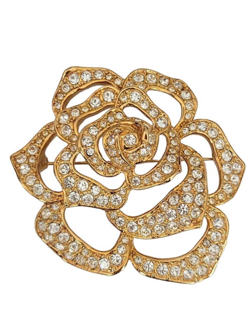 Elizabeth Taylor For Avon Gold Tone Clear Rhinestone Open Flower Pave Pin, K597